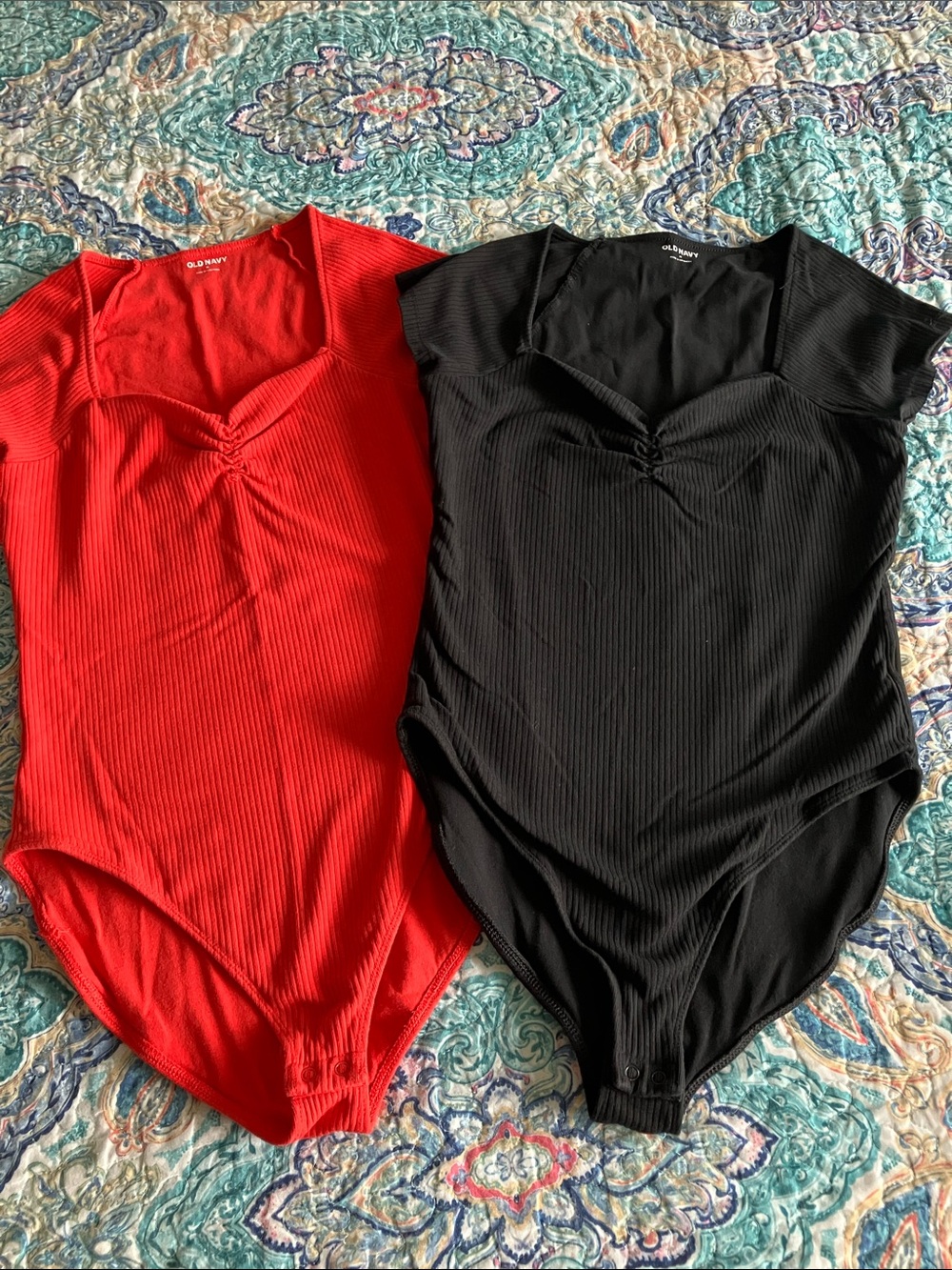 2 Old Navy Ribbed V-Neck Bodysuits Orange/Black